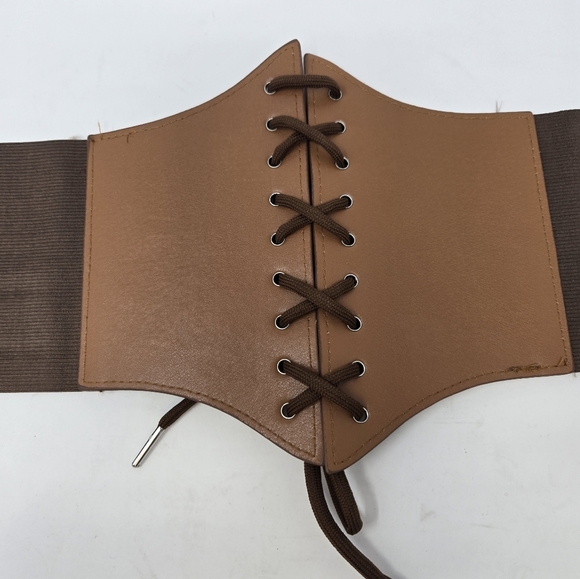 CORSET LACE UP COCO BROWN STRETCH STATEMENT WAIST BELT SNAP CLOSURE WOMEN OS - Picture 8 of 14
